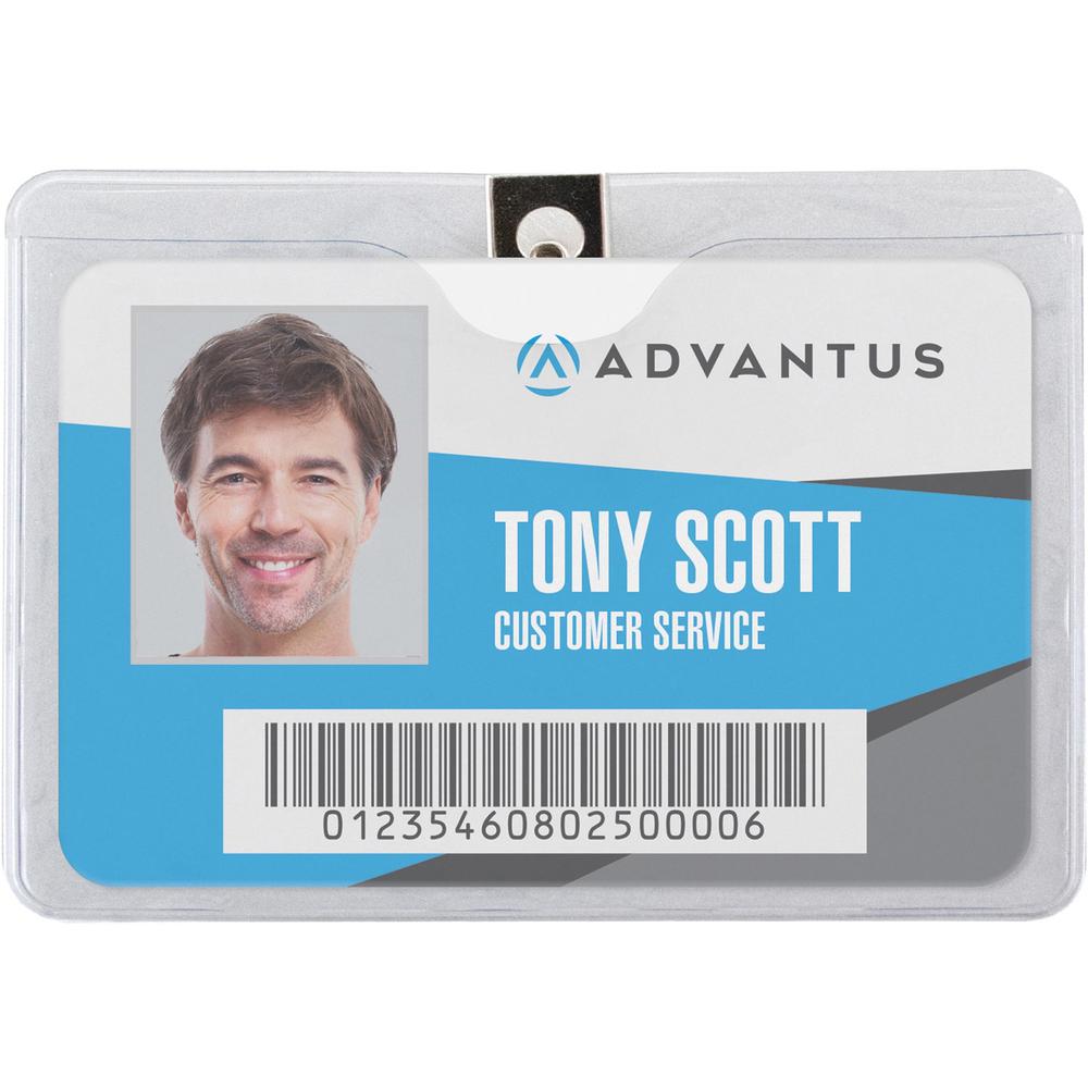 Advantus Horizontal Badge Holder with Clip - 4" x 3" - Vinyl - 50 / Pack - Clear. Picture 1