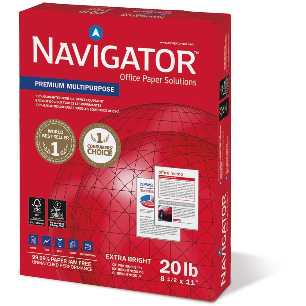 Navigator Premium Multipurpose Trusted Performance Paper - Extra Opacity - White - 97 Brightness - Letter - 8 1/2" x 11" - 20 lb Basis Weight - 5000 / Carton - White. Picture 1