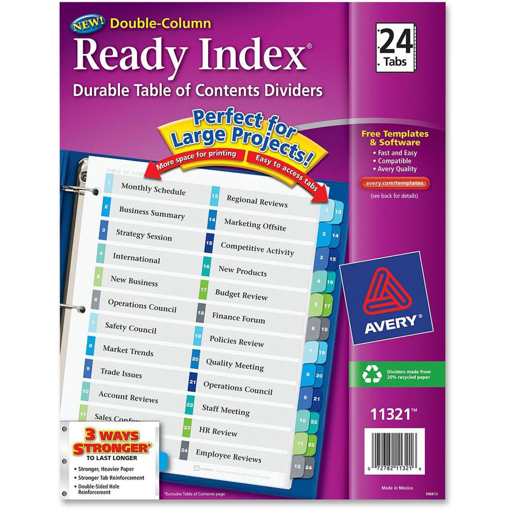 Avery&reg; Ready Index&reg; Double Column Table of Content Dividers, 24 tabs - 24 x Divider(s) - 1-24 - 24 Tab(s)/Set - 8.5" Divider Width x 11" Divider Length - 3 Hole Punched - White Paper Divider -. Picture 1