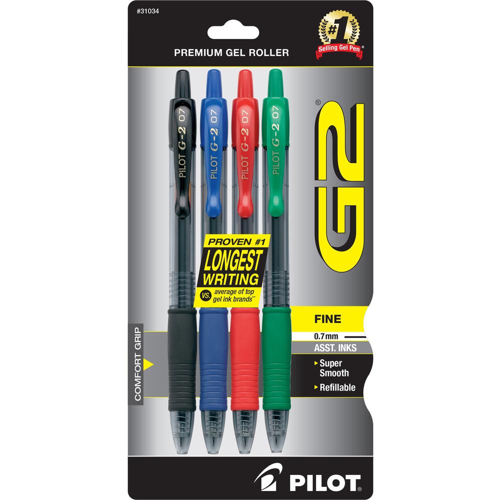 Pilot G2 Retractable Gel Ink Rollerball Pens - Fine Pen Point - 0.7 mm Pen Point Size - Refillable - Retractable - Assorted Gel-based Ink - 4 / Pack. Picture 1