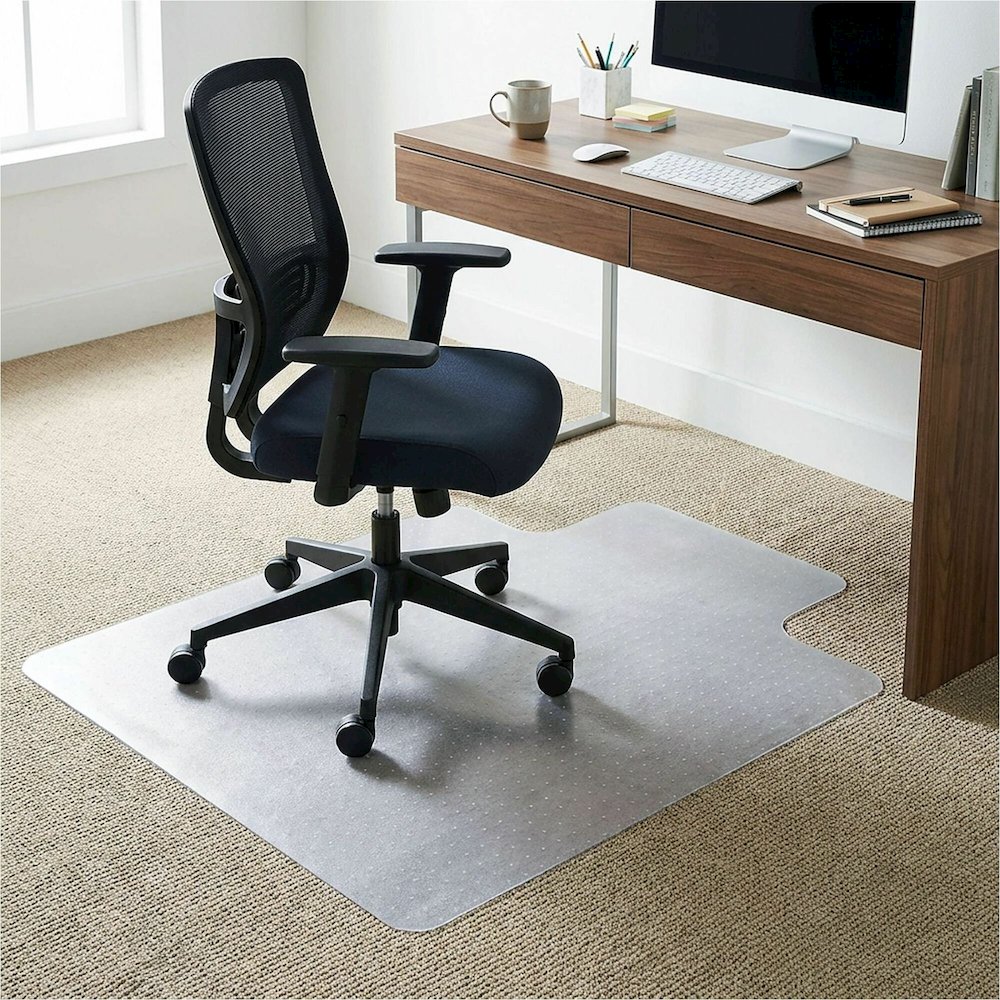 Lorell Lipped Chair Mat for Medium-Pile Carpet - 48" x 60" - 60" Length x 48" Width x 60" Depth x 0.100" Thickness - Lip Size 12" Length x 25" Width - Rectangular - Vinyl - Clear - 1 Each. Picture 1