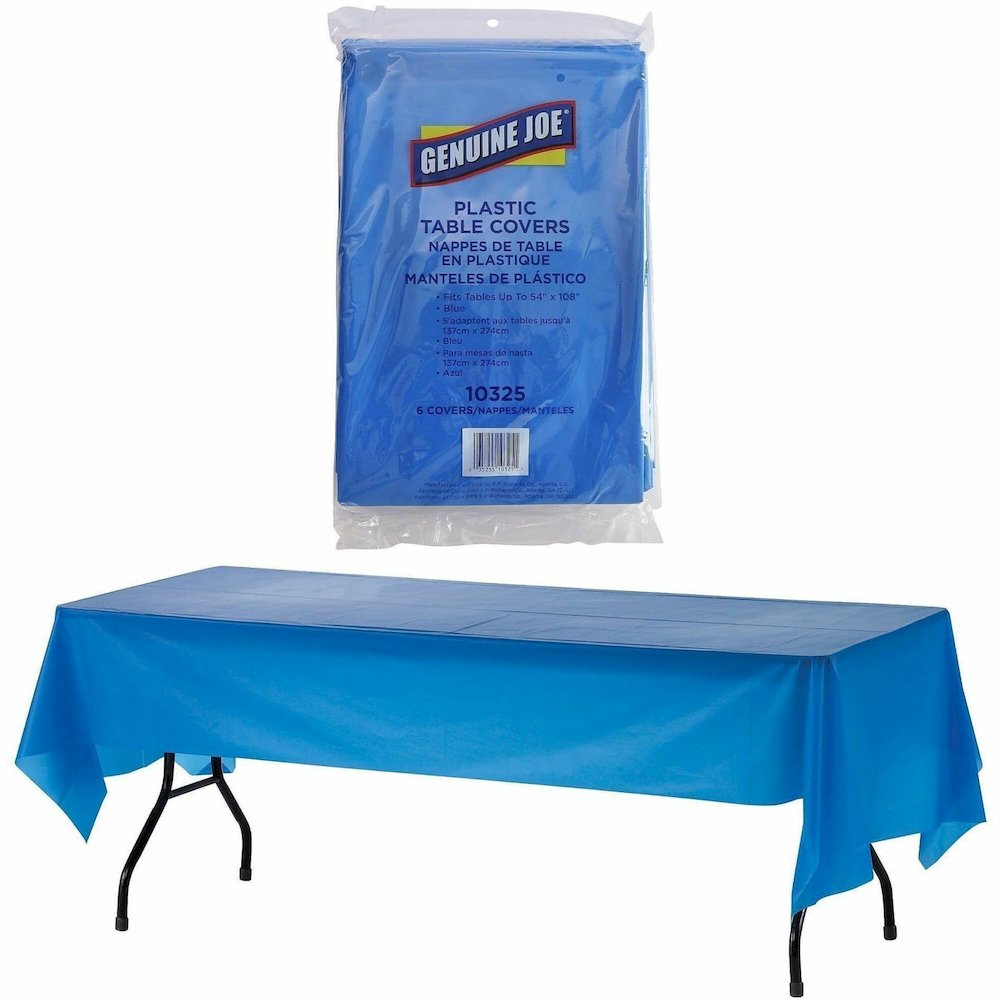 Genuine Joe Plastic Rectangular Table Covers - 108" Length x 54" Width - Plastic - Blue - 6 / Pack. Picture 1