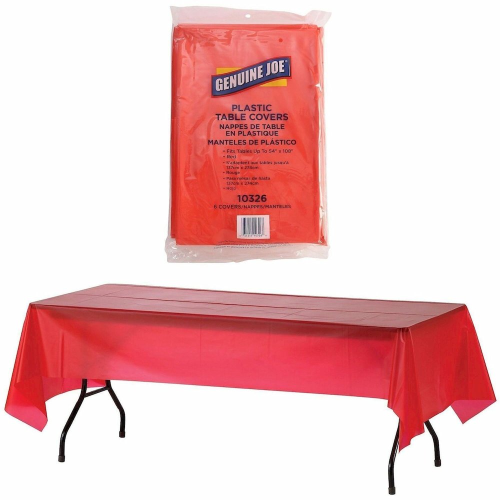 Genuine Joe Plastic Rectangular Table Covers - 108" Length x 54" Width - Plastic - Red - 6 / Pack. Picture 1