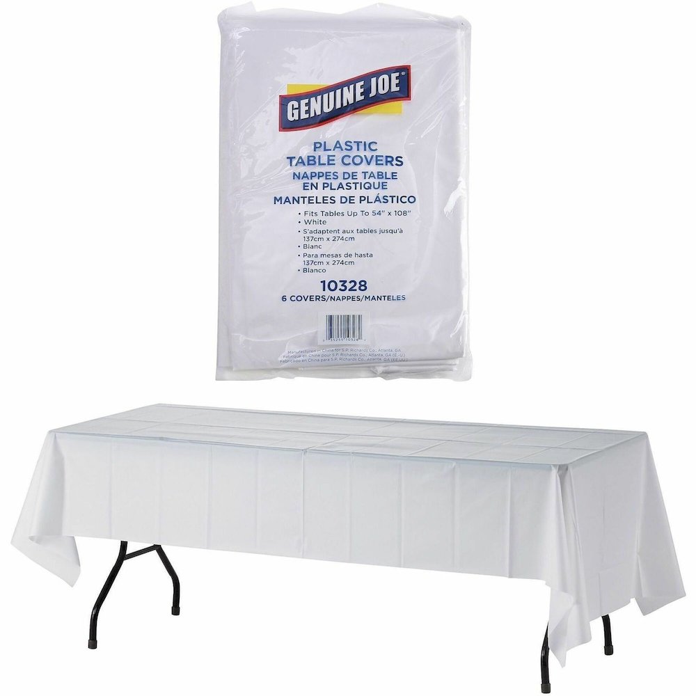 Genuine Joe Plastic Rectangular Table Covers - 108" Length x 54" Width - Plastic - White - 6 / Pack. Picture 1