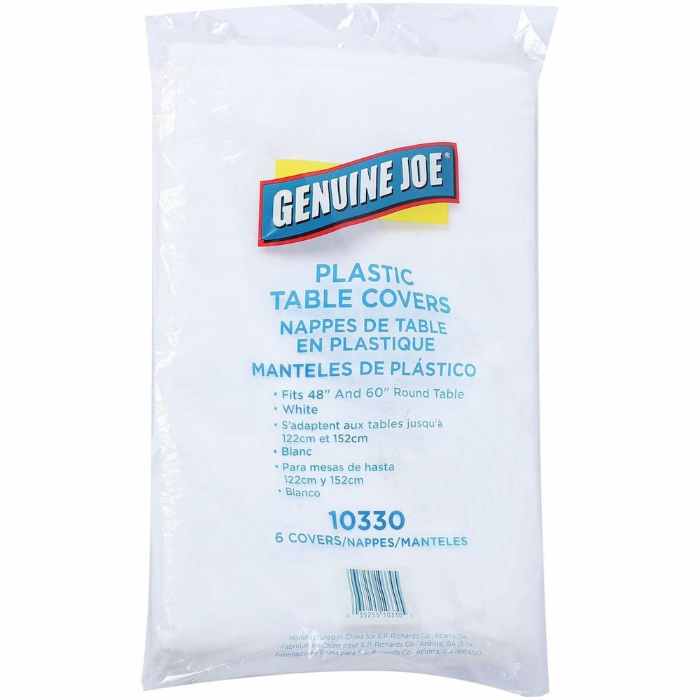 Genuine Joe Plastic Round Tablecovers - 84" Diameter - Plastic - White - 6 / Pack. Picture 1