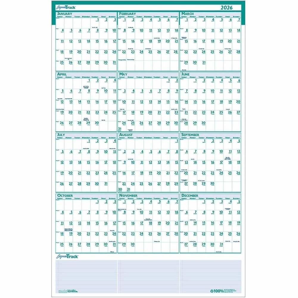 House of Doolittle Express Track Yearly Laminated Planner - Julian Dates - Yearly - 12 Month - January 2026 to December 2026 - 24" x 37" Sheet Size - 1.25" x 1.38" Block - Blue, Green - Paper - 1 Each. Picture 1