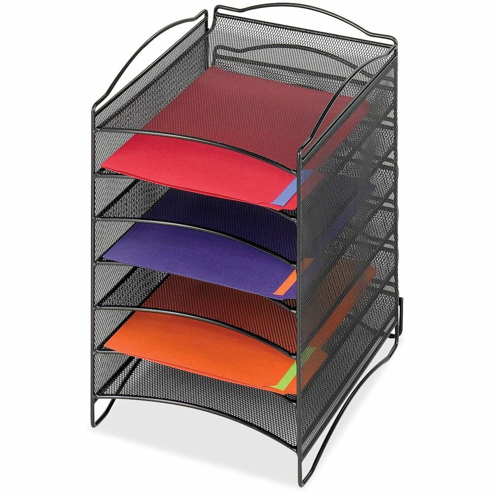 Safco 6-Compartment Mesh Desktop Organizer - 6 Compartment(s) - Compartment Size : 1.75" x 9.50" x 12.25" - 15.25" Height x 10.25" Width x 12.75" Depth - Desktop - Stackable - Powder Coated - Black - . Picture 1