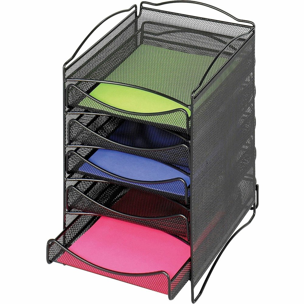 Safco 5-Compartment Mesh Desktop Organzier - Compartment Size : 1.75" x 9.50" x 12.25" - 15.25" Height x 10.25" Width x 12.75" Depth - Desktop - Stackable - Powder Coated - Black - Steel - 1 Each. Picture 1