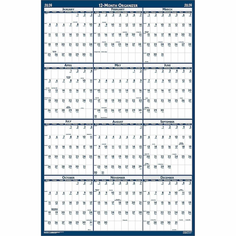 House of Doolittle Dated 66" Laminated Wall Planner - Julian Dates - Yearly - 12 Month - January 2026 to December 2026 - 66" x 33" Sheet Size - 2" x 2.25" Block - Blue, Gray - Paper - 1 Each. Picture 1