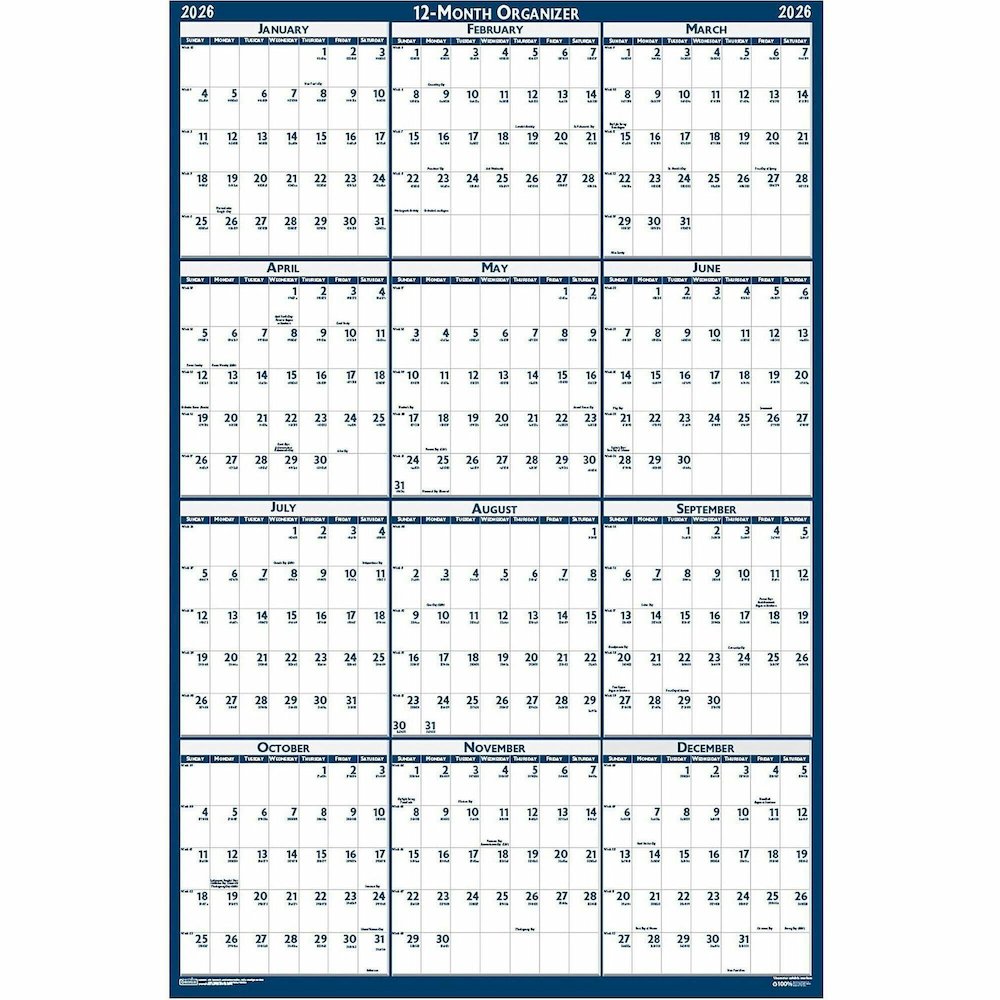 House of Doolittle Write-on Laminated Wall Planner - Professional - Julian Dates - Yearly - 12 Month - January 2026 to December 2026 - 18" x 24" Sheet Size - 0.75" x 1" Block - Blue, Gray - Paper - 18. Picture 1