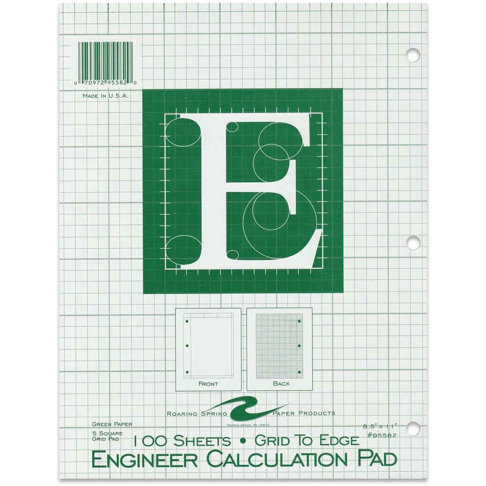 Roaring Spring 5x5 Grid Engineering Pad - 100 Sheets - 200 Pages - Printed - Glued - Back Ruling Surface - 3 Hole(s) - 15 lb Basis Weight - 56 g/m² Grammage - 11" x 8 1/2" - 0.33" x 8.5" x 11" - . Picture 1