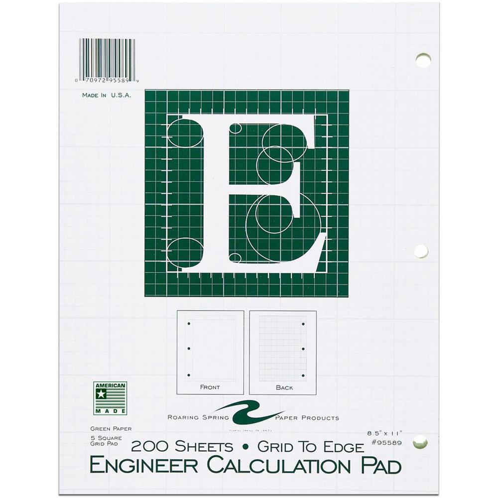 Roaring Spring 5x5 Grid Engineering Pad - 200 Sheets - 400 Pages - Printed - Glued - Back Ruling Surface - 3 Hole(s) - 15 lb Basis Weight - 56 g/m² Grammage - 11" x 8 1/2" - 0.66" x 8.5" x 11" - . Picture 1