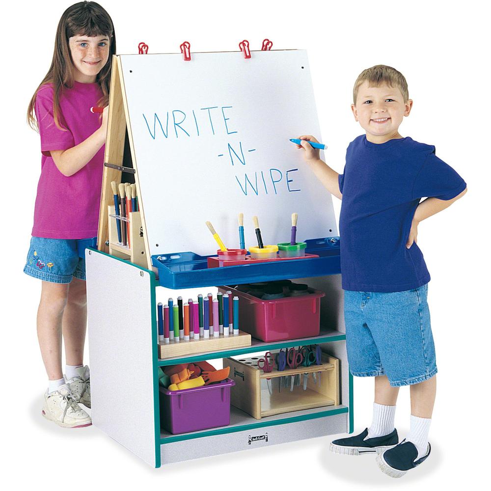 Jonti-Craft Rainbow Accents 2 Station Art Center - Freckled Gray, Teal Stand - Floor Standing - Storage Shelf, Chip Resistant, Wheels, Durable, Easy to Clean, Removable Easel, Storage Shelf - Assembly. Picture 1
