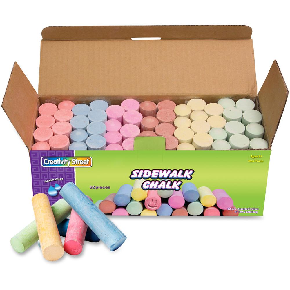 Creativity Street Sidewalk Chalk - 4" Length - 1" Diameter - Tan, Pink, Teal, Lime, Gray, White, Purple, Orange, Dark Blue, Light Blue, Dark Yellow, ... - 52 / Box - Non-toxic, Washable. Picture 1