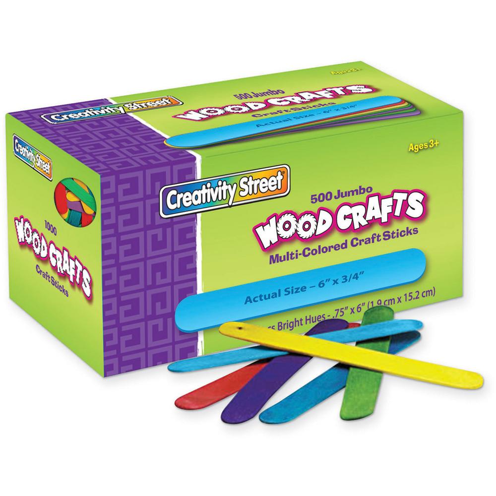 Creativity Street Jumbo Craft Sticks Bright Assortment - Craft, Project x 0.75"Width x 2"Thickness x 6"Length - 500 / Box - Assorted - Wood. Picture 1