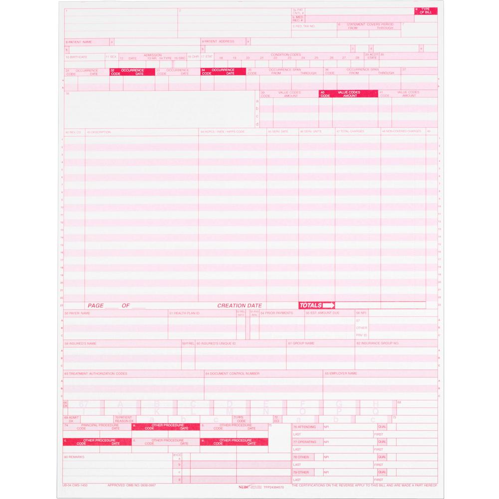 TOPS 1-part UB-04 Laser-cut Forms - 1 Part - 11" x 8.50" Form Size - White - Red Print Color - 2500 / Carton. Picture 1