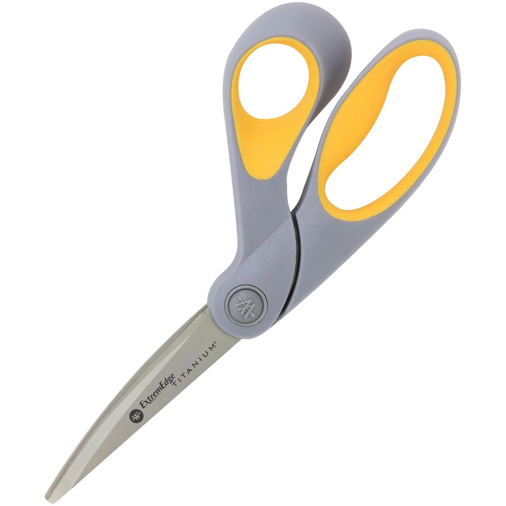 Acme United ExtremEdge Adjustable Tension Titanium Bonded Scissors, 9" Bent, Gray - 4.50" Cutting Length - 9" Overall Length - Bent-left/right - Titanium - Round Tip - Gray/Yellow - 1 Each. Picture 1