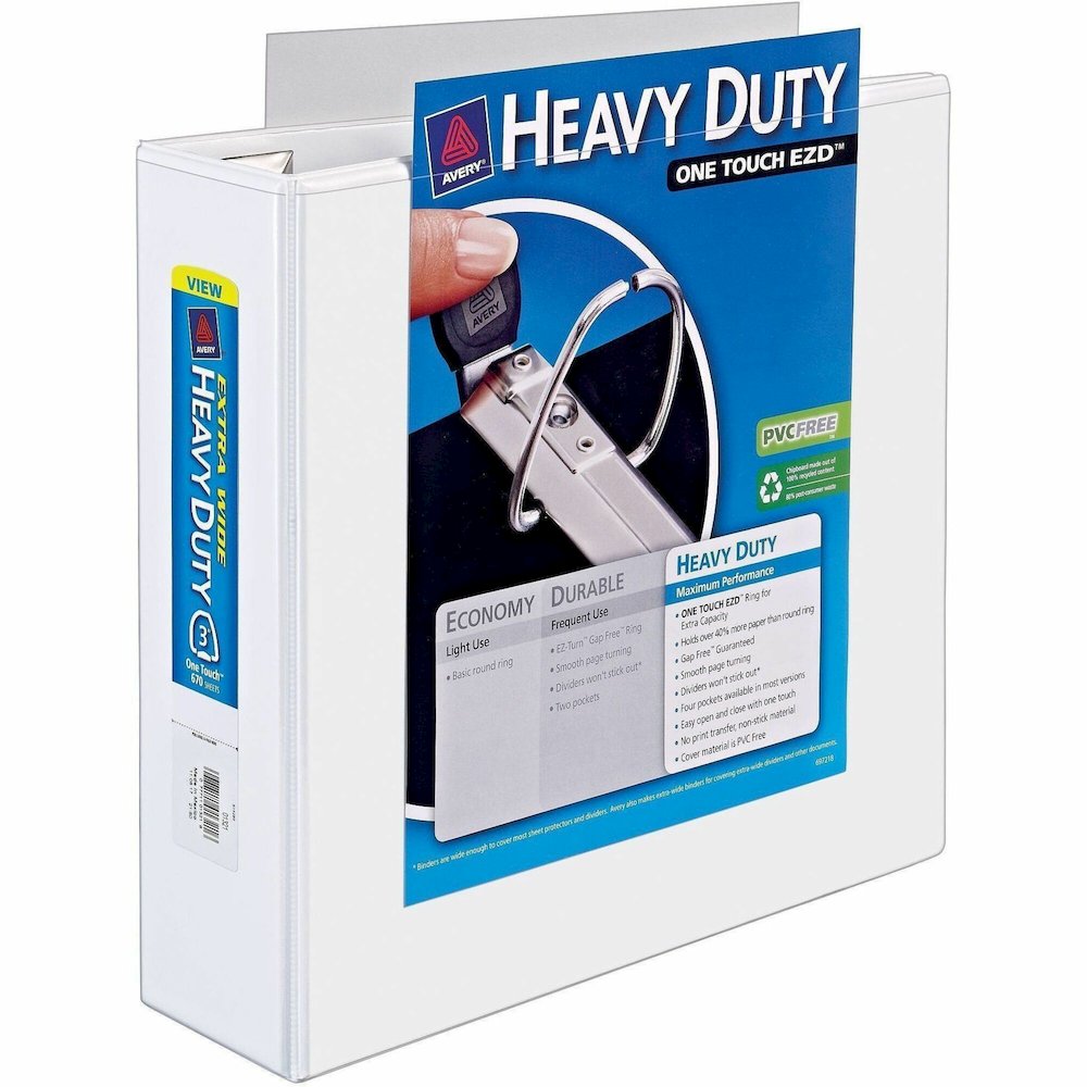 Avery Heavy-Duty View Extra Wide Binder, 3" EZD Rings, White - Avery&reg; Heavy-Duty View 3 Ring Binder, Extra Wide, 3" EZD(R) Rings, 1 White Binder (01321). Picture 1
