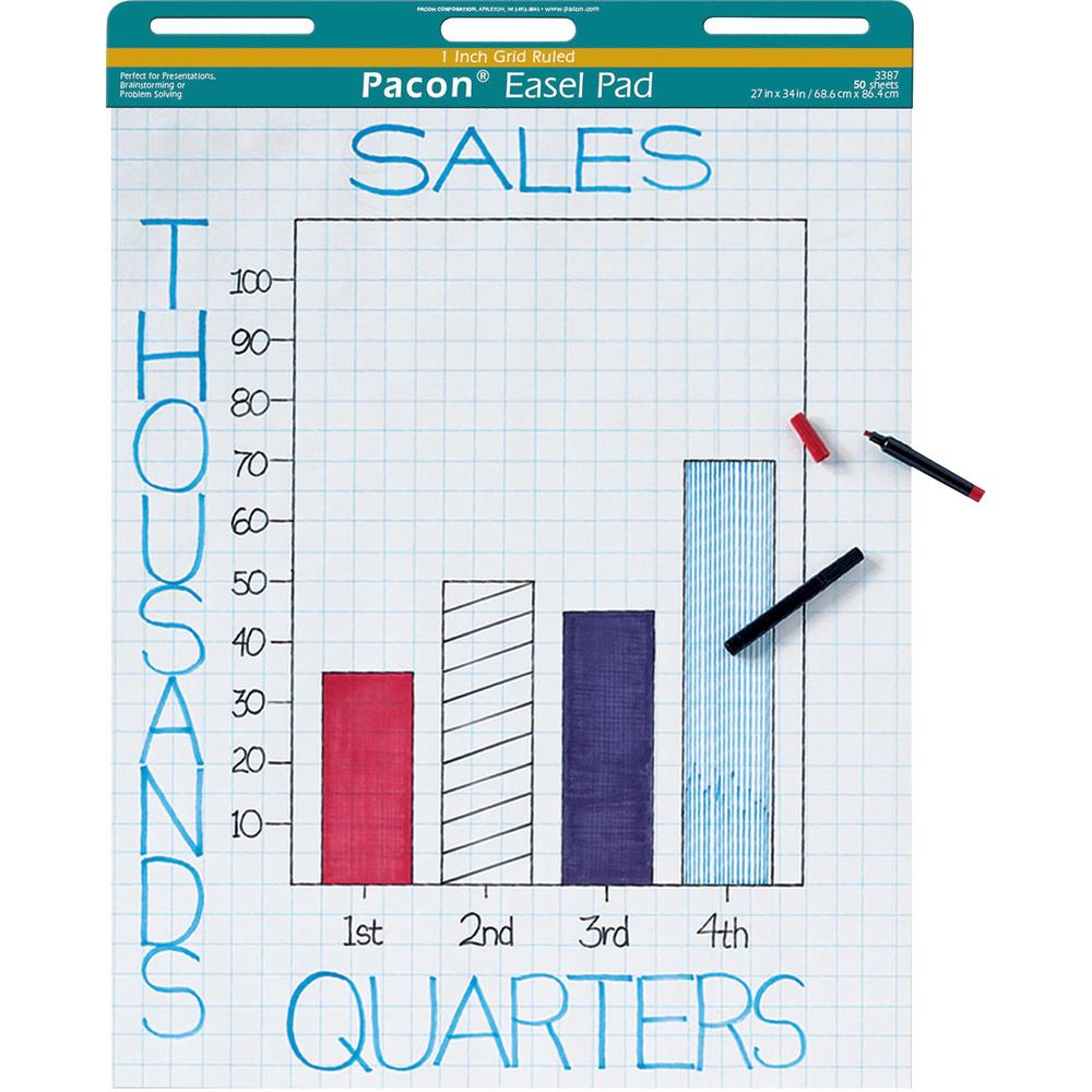 Pacon Grid Ruled Easel Pads - 50 Sheets - Stapled/Glued - Front Ruling Surface - Grid Ruled - 1" Ruled - 27" x 34" - White Paper - Chipboard Cover - Perforated, Bond Paper - 50 / Pad. Picture 1