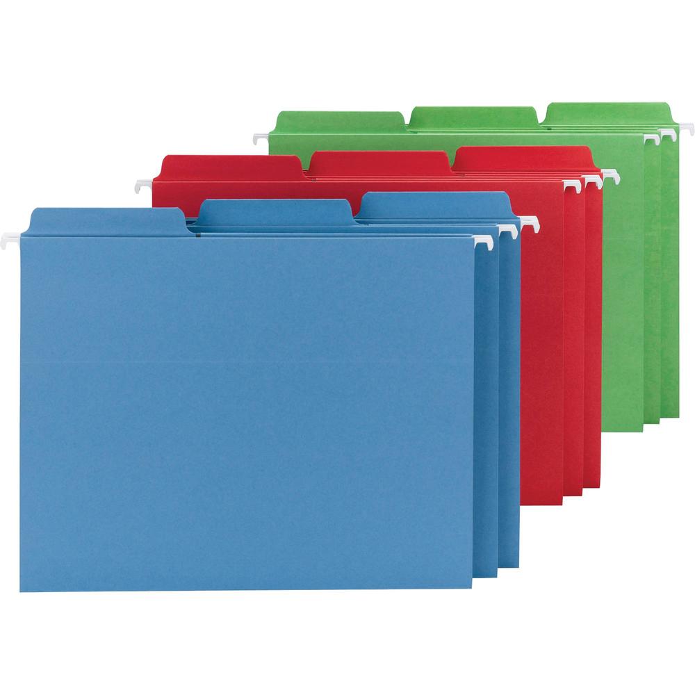 Smead FasTab 1/3 Tab Cut Letter Recycled Hanging Folder - 8 1/2" x 11" - Top Tab Location - Assorted Position Tab Position - Blue, Green, Red - 10% Recycled - 18 / Box. Picture 1