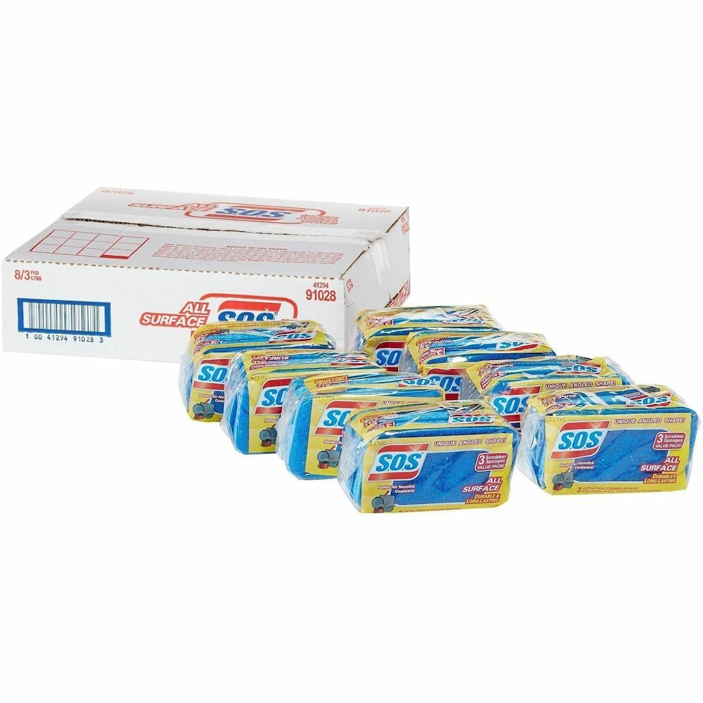 S.O.S All-Surface Scrubber Sponge - 5.3" Height x 3" Width x 0.9" Depth - 3/Pack - 8 / Carton - Cellulose - Blue. Picture 1