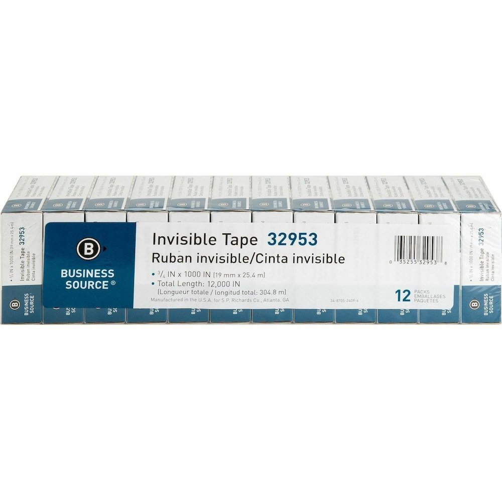 Business Source Premium Invisible Tape Value Pack - 27.78 yd Length x 0.75" Width - 1" Core - Clear - For Multipurpose, Splicing, Mending, Holding - 12 / Pack. Picture 1