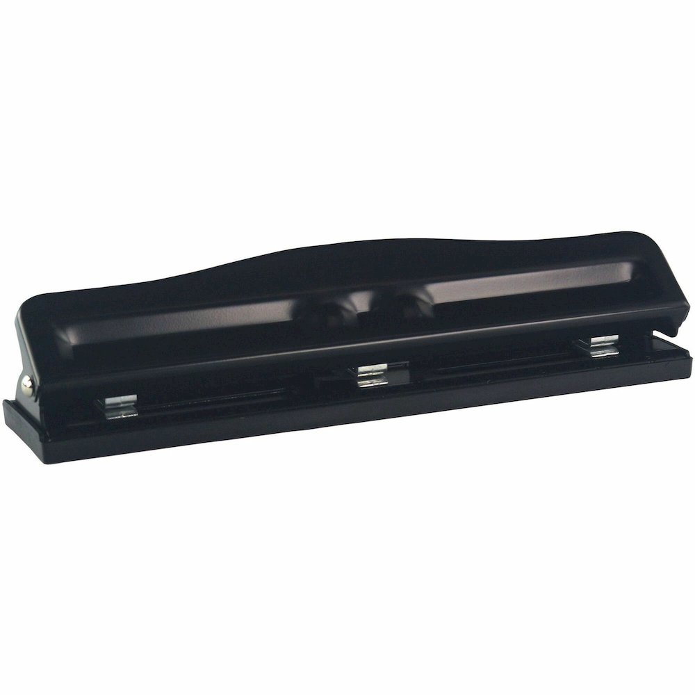 Business Source 3-Hole Adjustable Paper Punch - 3 Punch Head(s) - 11 Sheet of 16lb Paper - 1/4" Punch Size - Round Shape - Black. Picture 1