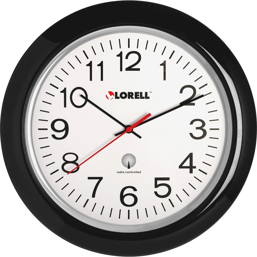 Lorell 13-1/4" Radio-Controlled Wall Clock - Analog - Quartz - White Main Dial - Black Case - Plastic. Picture 1