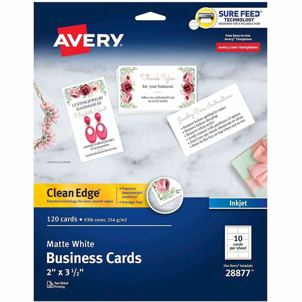 Avery&reg; Clean Edge Business Cards, 2" x 3.5" , White, 120 (28877) - 110 Brightness - A8 - 2" x 3 1/2" - 93 lb Basis Weight - 254 g/m² Grammage - Matte - Rounded Corner, Smooth Edge, Unperforat. Picture 1
