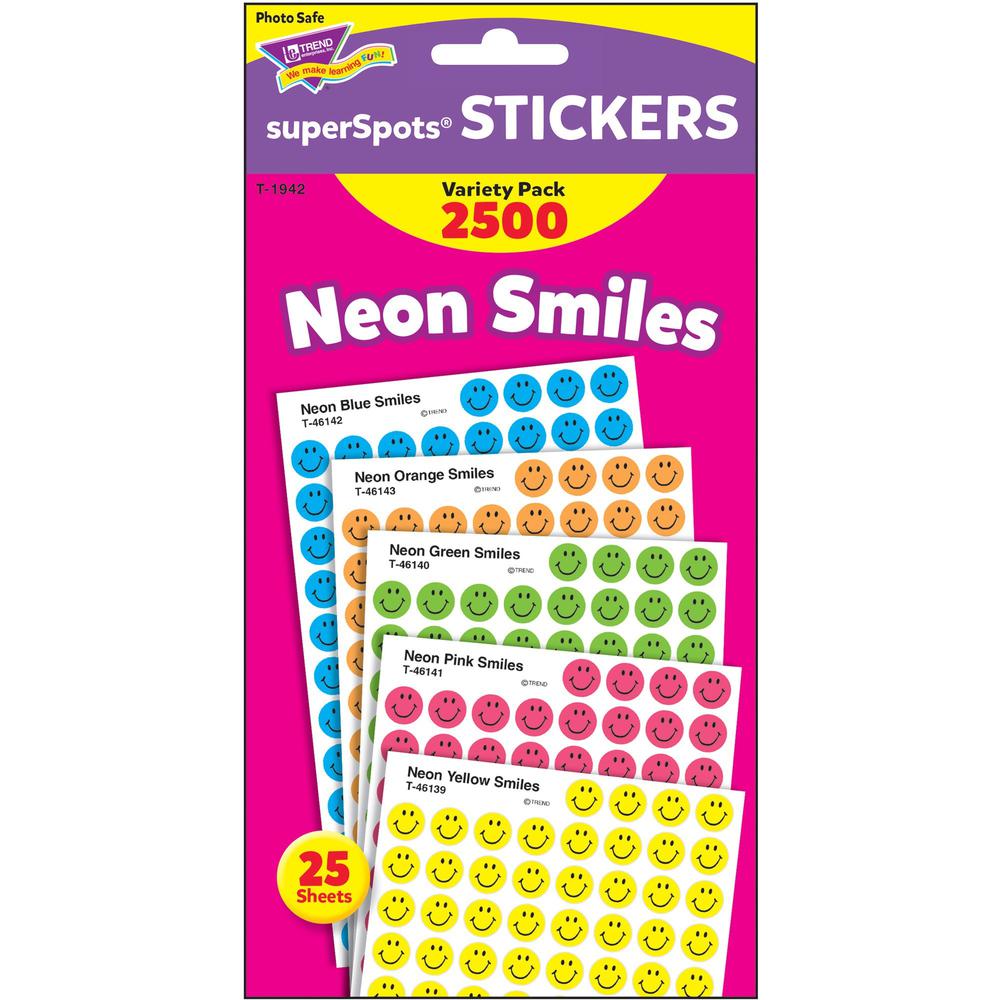 Trend superSpots Neon Smiles Stickers Variety Pack - 2500 x Smilies Shape - Acid-free, Non-toxic - Neon Green, Neon Yellow, Neon Orange, Neon Blue, Neon Pink - 2500 / Pack. Picture 1