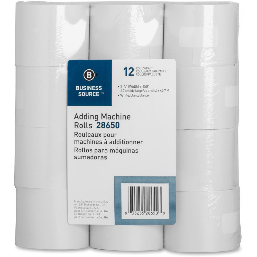 Business Source 150' Adding Machine Rolls - 2 1/4" x 150 ft - Sustainable Forestry Initiative (SFI) - Lint-free - White - 12 / Pack. Picture 1