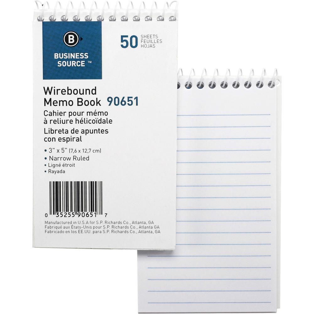 Business Source Wirebound Memo Books - 50 Sheet(s) - Wire Bound - 5" x 3" Sheet Size - White - White Sheet(s) - 1 Dozen. Picture 1