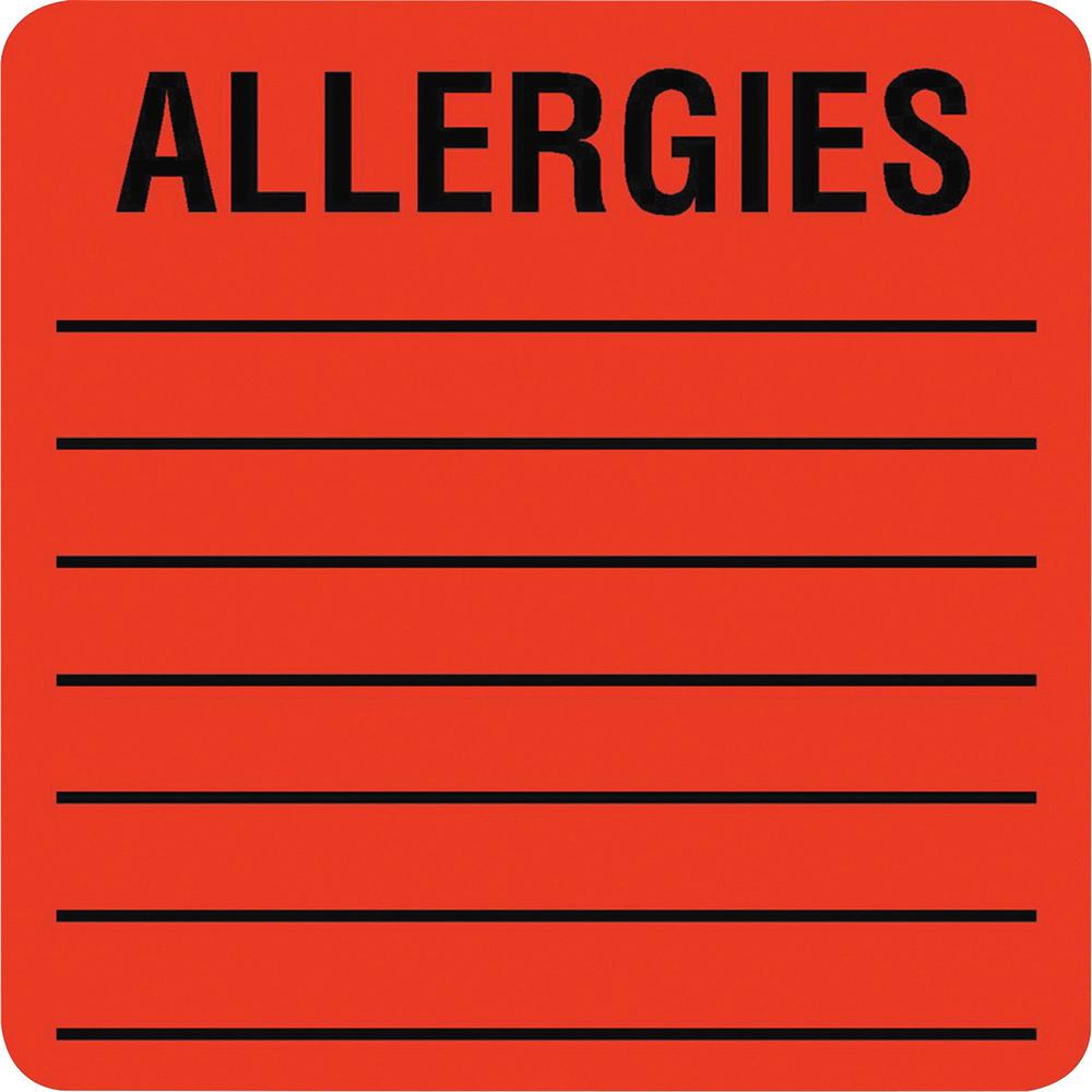 Tabbies Square ALLERGIES Labels - 2" Width x 2" Length - Permanent Adhesive - Square - Fluorescent Red - 500 / Roll - 500 / Roll - Self-adhesive. Picture 1