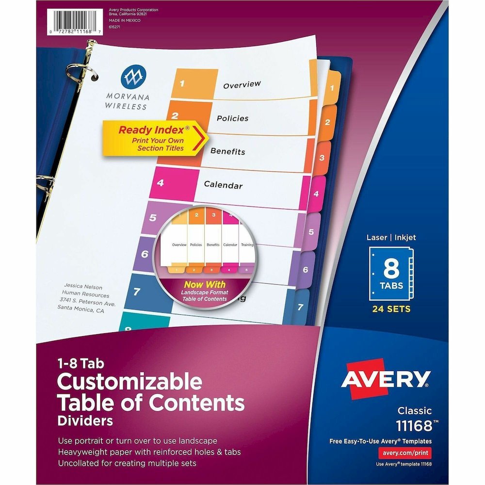 Avery Dividers, 8 Tabs, Ready Index (24 Sets of 11168) - 192 x Divider(s) - 192 Tab(s) - Digit - 1-8, Table of Contents - 8 Tab(s)/Set - 8.5" Divider Width x 11" Divider Length - 3 Hole Punched - Whit. Picture 1