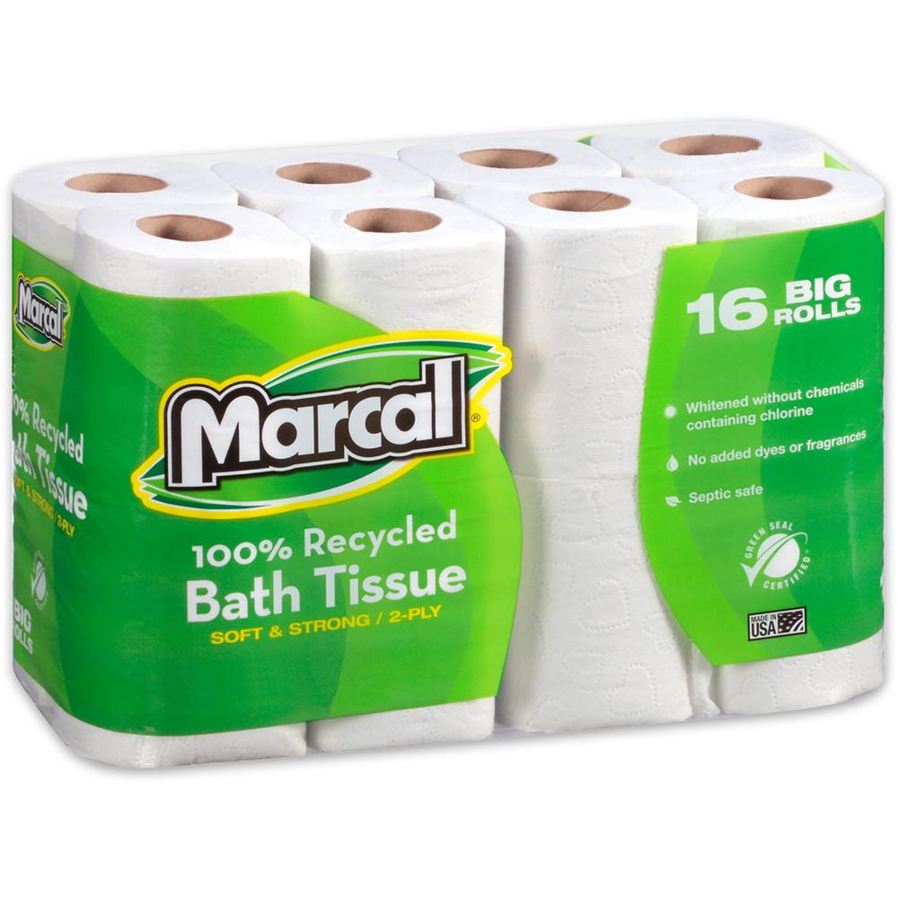 Marcal 100% Recycled Soft/Strong Bath Tissue - 2 Ply - 4.20" x 3.60" - 168 Sheets/Roll - White - 16 Rolls Per Pack - 1 Each. Picture 1
