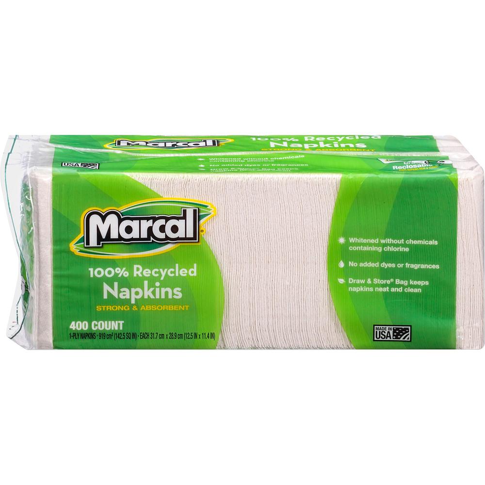 Marcal 100% Recycled Luncheon Napkins - 1 Ply - 12.50" Width x 11.40" Length - White - Paper - 400 / Pack. Picture 1