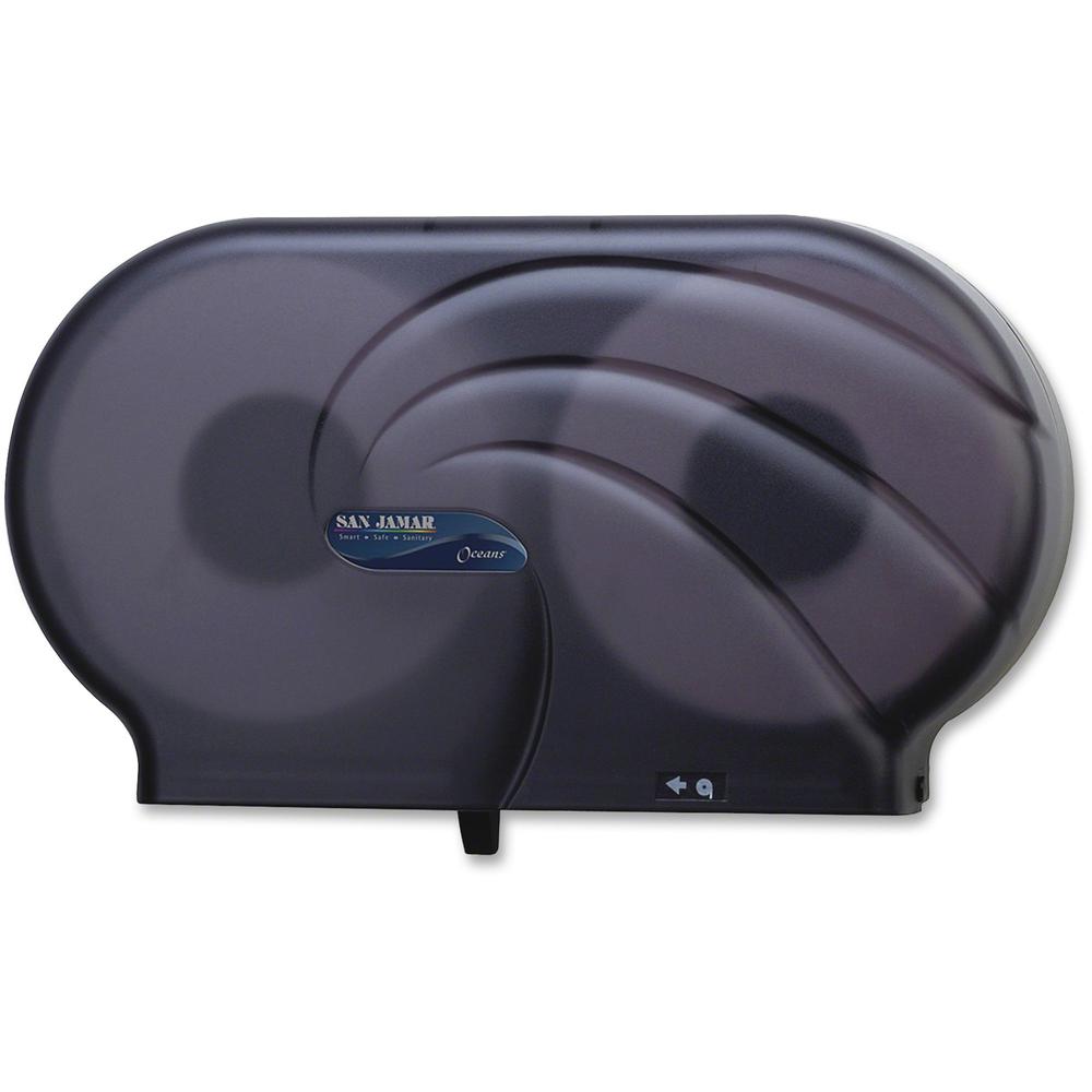 San Jamar Twin 9" JBT Bath Tissue Dispenser - Roll Dispenser - 2 x Roll - 12" Height x 19" Width x 5.3" Depth - Plastic - Pearl Black - Slim, Impact Resistant, Compact - 1 Each. Picture 1