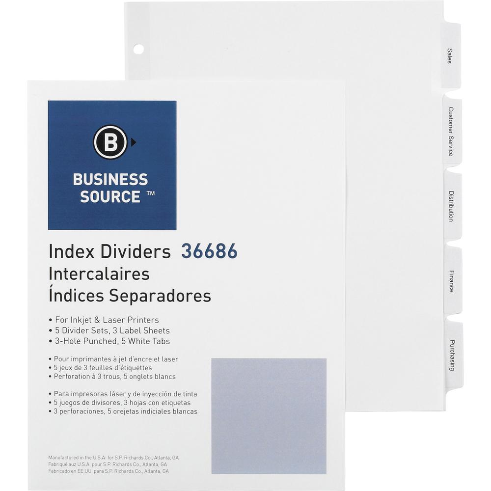 Business Source Punched Tabbed Laser Index Dividers - 5 Blank Tab(s) - 5 Tab(s)/Set - 11" Divider Width - 3 Hole Punched - White Paper Divider - White Tab(s) - 100% Yes - Mylar Reinforcement, Reinforc. Picture 1