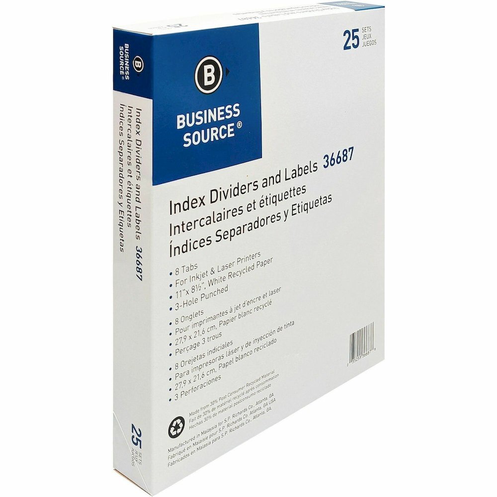 Business Source Punched Laser Index Dividers - 8 Blank Tab(s) - 8 Tab(s)/Set - 8.5" Divider Width x 11" Divider Length - Letter - 3 Hole Punched - White Paper Divider - White Tab(s) - 100% Recycled - . Picture 1