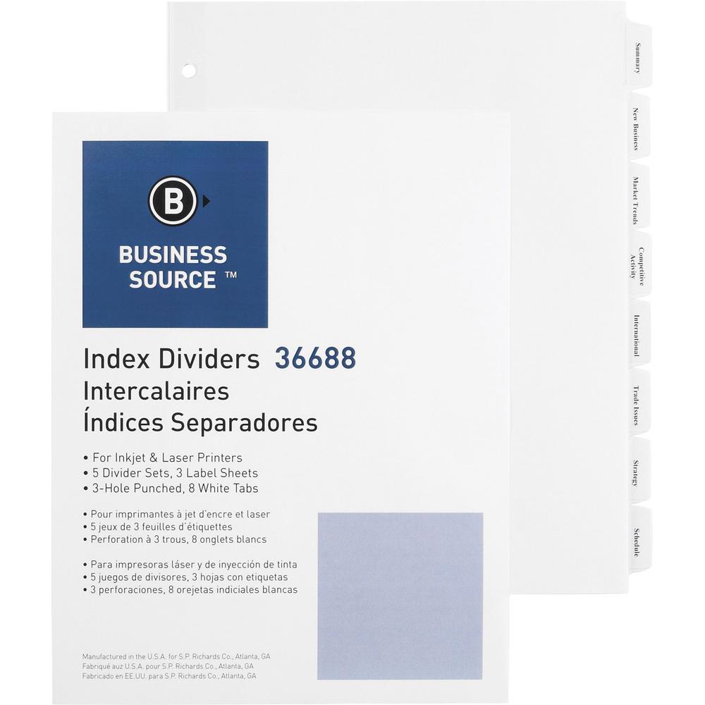 Business Source Punched Tabbed Laser Index Dividers - 8 Blank Tab(s) - 8.5" Divider Width x 11" Divider Length - Letter - 3 Hole Punched - White Paper Divider - White Tab(s) - Recycled - Mylar Reinfor. Picture 1