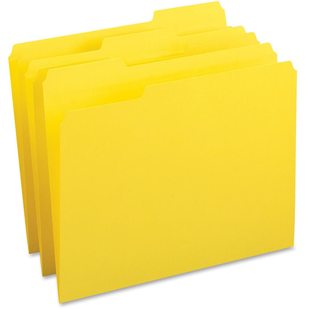 Business Source 1/3 Tab Cut Letter Recycled Top Tab File Folder - 8 1/2" x 11" - Top Tab Location - Assorted Tab Position - 11 pt. - 1 Plys - Yellow - 10% Recycled - 100 / Box. Picture 1