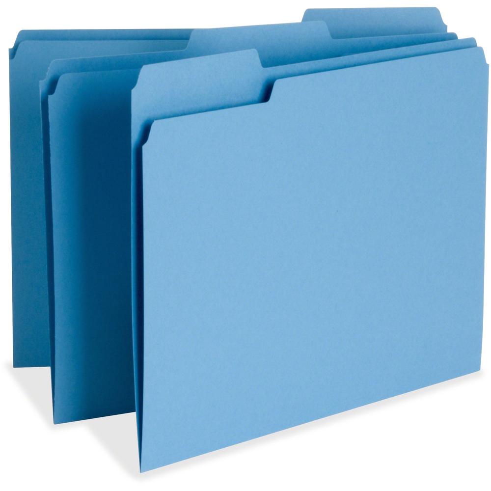 Business Source 1/3 Tab Cut Letter Recycled Top Tab File Folder - 8 1/2" x 11" - Top Tab Location - Assorted Tab Position - 11 pt. - 1 Plys - Blue - 10% Recycled - 100 / Box. Picture 1