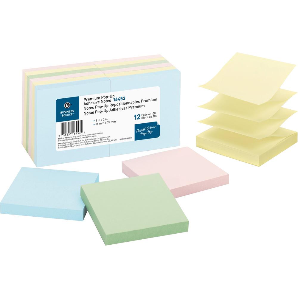Business Source Reposition Pop-up Adhesive Notes - 3" Flag/Note Width x 3" Flag/Note Length - Square - Assorted Pastel - Removable, Repositionable, Solvent-free Adhesive - No - 12 / Pack. Picture 1