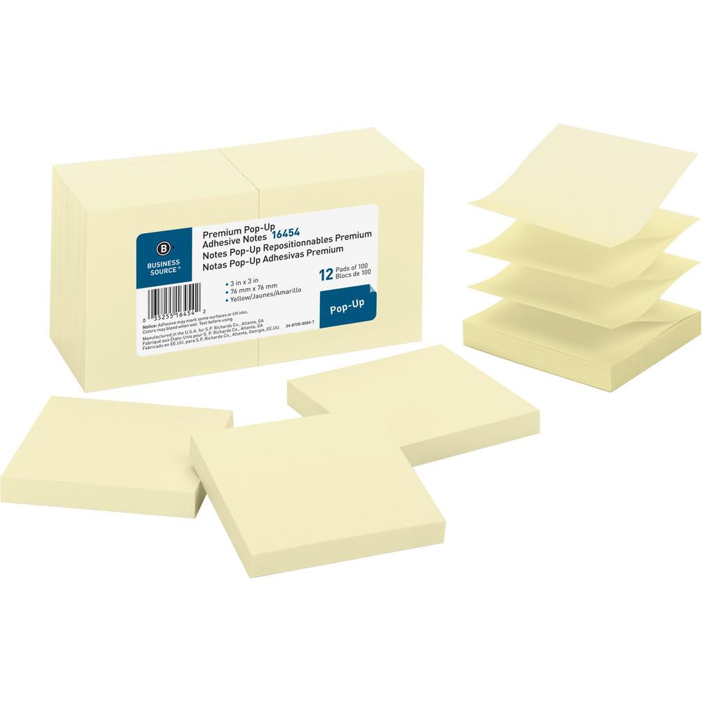 Business Source Reposition Pop-up Adhesive Notes - 3" Flag/Note Width x 3" Flag/Note Length - Square - Yellow - Removable, Repositionable, Solvent-free Adhesive - 12 / Pack. Picture 1