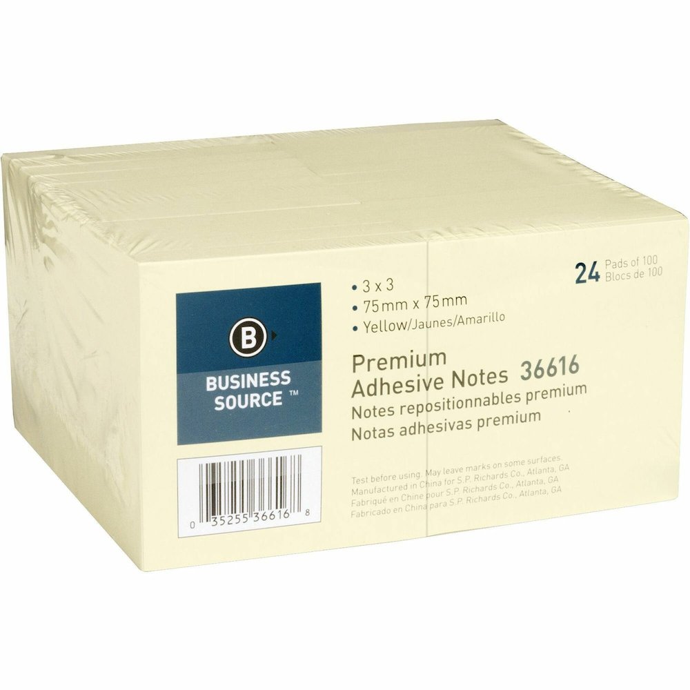 Business Source Yellow Repostionable Adhesive Notes - 3" Flag/Note Width x 3" Flag/Note Length - Square - Yellow - Repositionable, Solvent-free Adhesive - 24 / Pack. Picture 1
