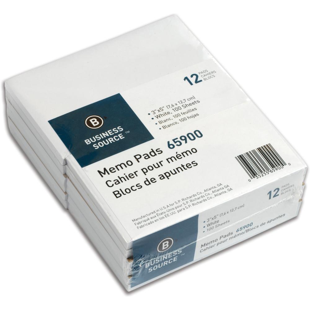 Business Source Plain Memo Pads - 100 Sheets - Plain - Glued - Unruled Front Ruling - 15 lb Basis Weight - 3" x 5" Sheet Size - White Paper - Chipboard Backing - 1 Dozen. Picture 1