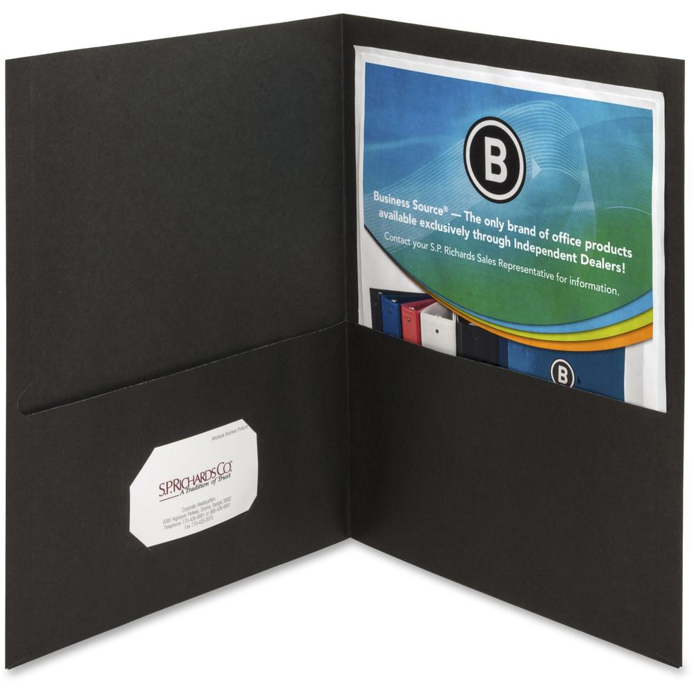 Business Source Letter Recycled Pocket Folder - 8 1/2" x 11" - 100 Sheets Capacity - 2 Inside Front & Back Pocket - Paper - Black - Card Holder - 35% Recycled - 25 / Box. Picture 1