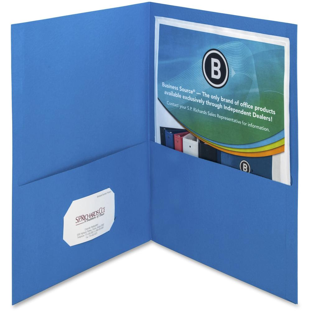 Business Source Letter Recycled Pocket Folder - 8 1/2" x 11" - 100 Sheets Capacity - 2 Inside Front & Back Pocket - Paper - Blue - Card Holder - 35% Recycled - 25 / Box. Picture 1