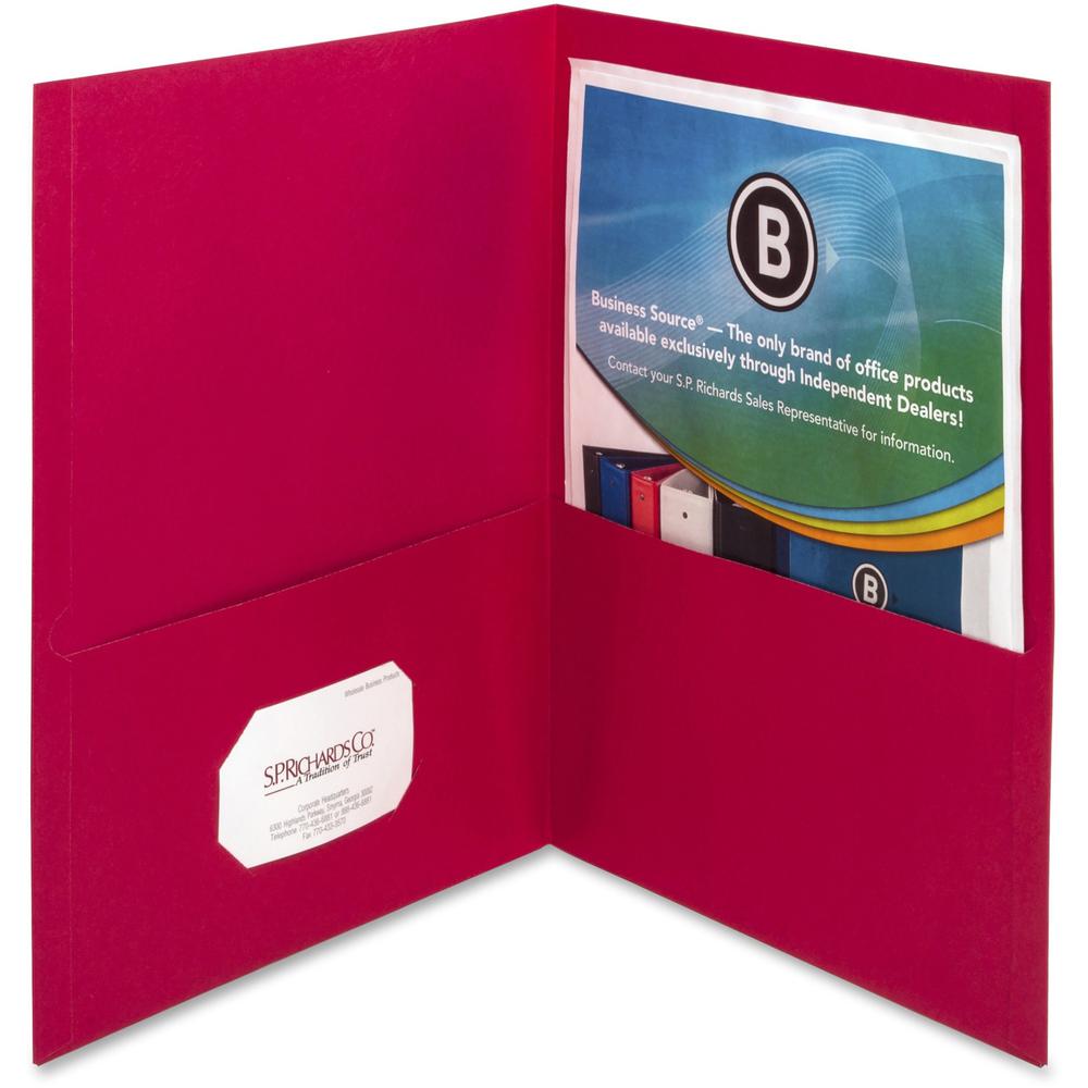 Business Source Letter Pocket Folder - 8 1/2" x 11" - 100 Sheets Capacity - 2 Inside Front & Back Pocket - Paper - Red - Card Holder - 25 / Box. Picture 1