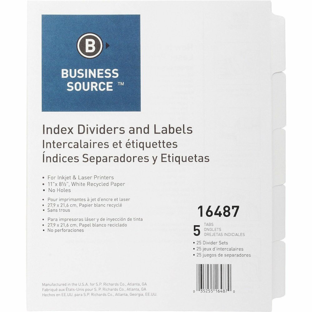 Business Source Un-punched Index Dividers Set - 5 x Divider(s) - Blank Tab(s) - 5 Tab(s)/Set - White Divider - White Tab(s) - 100% Recycled - Unpunched - 1 Box. Picture 1